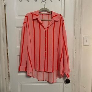 SHEIN Red and Pink Striped Button Down Shirt
